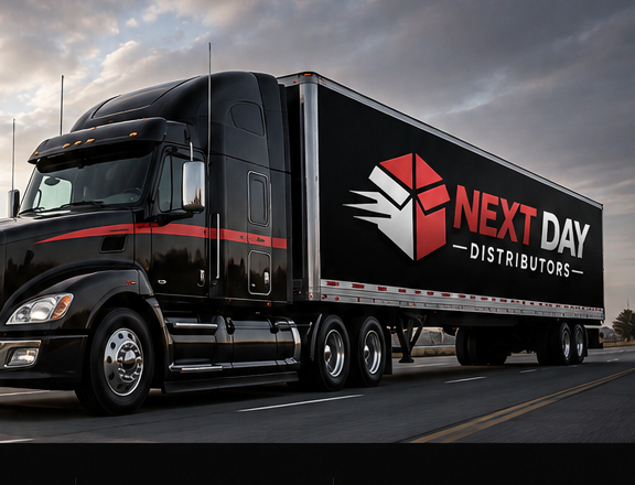 Black semi-truck and trailer branded for Next Day Distributors