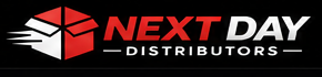 Next Day Distributors red white and black logo