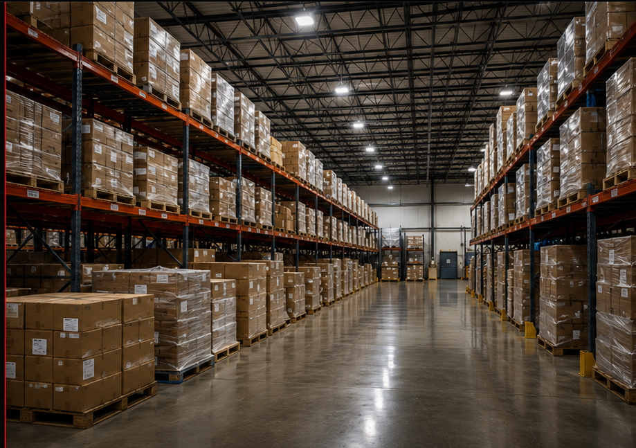 Large warehouse filled with palletized consumer products